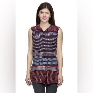 Ann Taylor Women's Geometric Sleeveless Button-Up Top Red Blue White Sz S